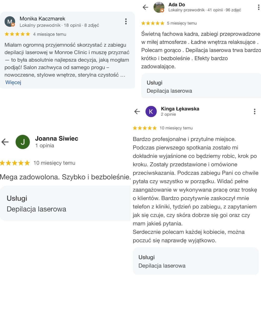 Opinie klientek o depilacji laserowej w MONROE Clinic w Kielcach
